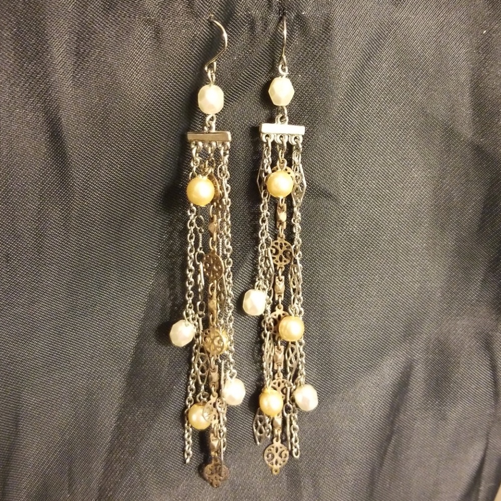 Silver and pearl long earrings